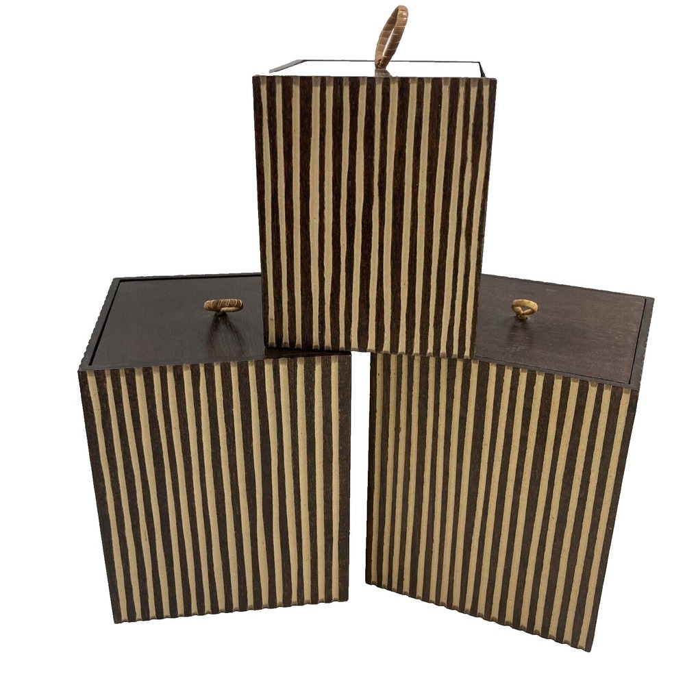 Vintage MCM 3 Piece Set Wooden Canister‎ Storage Boxes Striped Carved  Stained